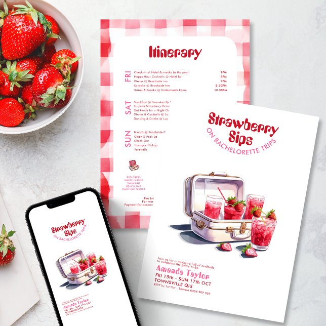 Convites Itinerário de Despedida de Solteira de Morango Via (Strawberry Bachelorette Weekend trip Invitation and itinerary. Pink red vintage cocktail watercolor )
