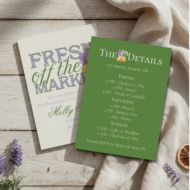 Convites Itinerário de Despedida de Solteira Fresh Off the  (Celebrate your newly-engaged status in style with this elegant “Fresh Off the Market” design!)
