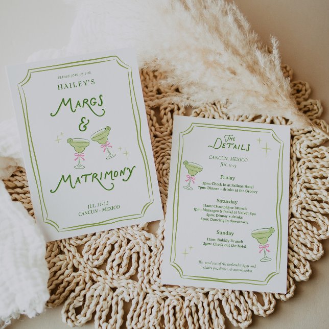 Convites Itinerário de Despedida de Solteira Margs & Matrim (Margs & Matrimony Bachelorette Invitation – Margarita Theme Party Invite, Fun Bridal Shower Invite, )