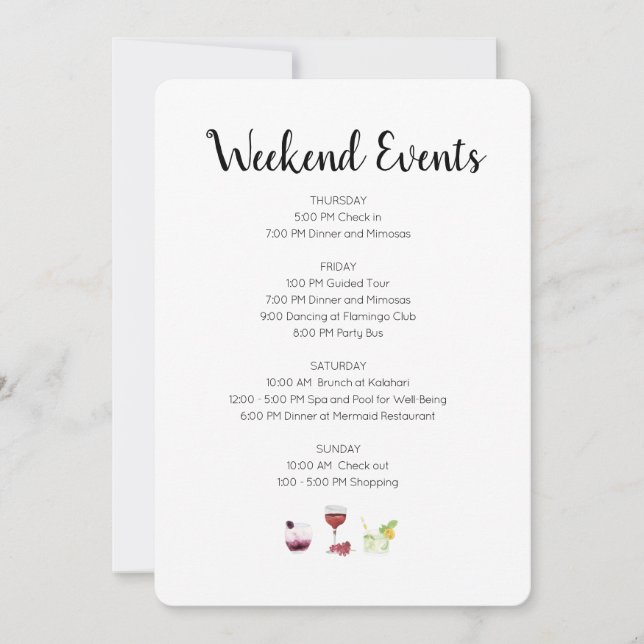 Convites Itinerário de Eventos de Fim de Semana Elegantes (Frente)