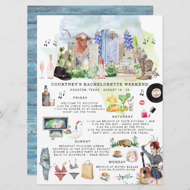 Convites Itinerário de Fim de Semana Bachelorette | Houston (Frente/Verso)