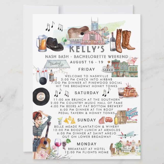Convites Itinerário de Fim de Semana Bachelorette | Nashvil (Frente)