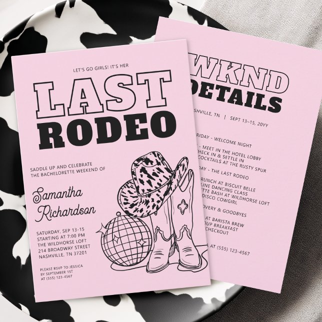 Convites Itinerário de Fim de Semana da Festa de Despedida  (Disco Cowgirl Bachelorette Party Weekend Itinerary Invitation)
