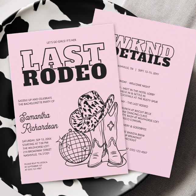Convites Itinerário de Fim de Semana da Festa de Despedida  (Disco Cowgirl Bachelorette Party Weekend Itinerary Invitation)