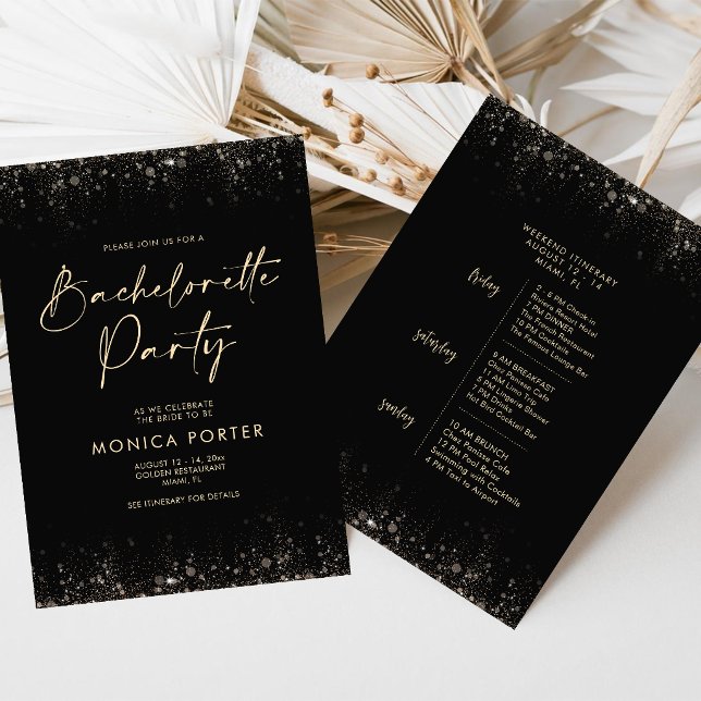 Convites Itinerário de Fim de Semana da Solteira Black Gold (Black Gold Bachelorette Weekend Itinerary Schedule Invitation)