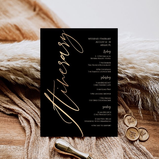 Convites Itinerário de Fim de Semana de Aniversário com Fol (Black Gold Foil Birthday Weekend Itinerary Invitation)