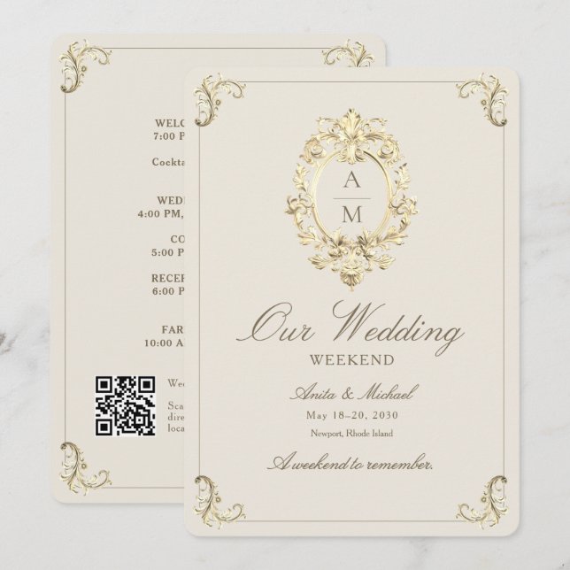 Convites Itinerário de Fim de Semana de Casamento Dourado B (Frente/Verso)