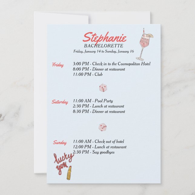 Convites itinerário de Las Vegas Bachelorette (Frente)