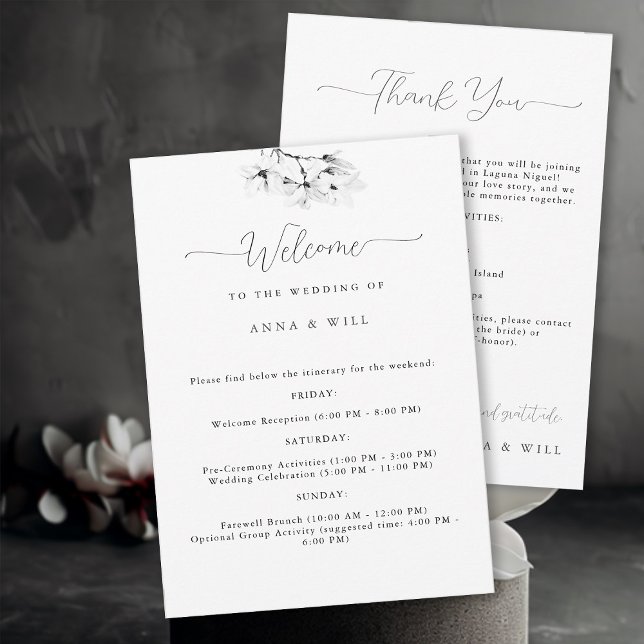 Convites Itinerário do Casamento Branco Negro da Magnolia C (Classic Magnolia Wedding Weekend Itinerary and Welcome Card)