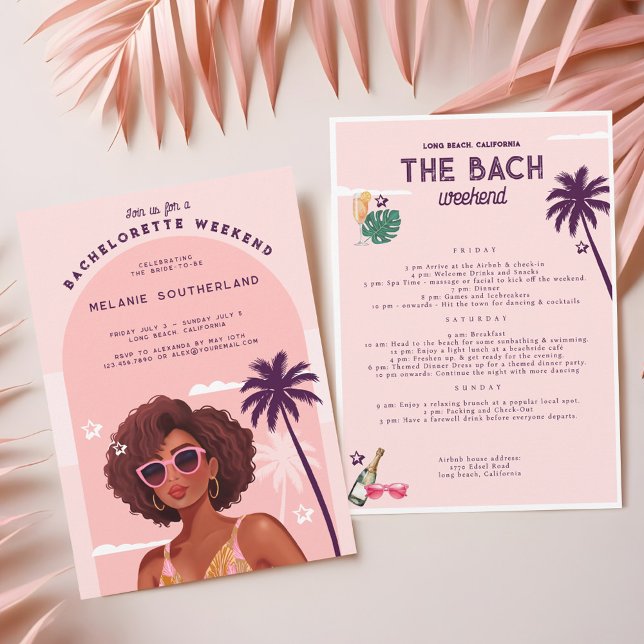 Convites Itinerário do Fim de Semana da Bachelorette de Pra (Retro Beach Bachelorette Weekend Itinerary Invitation)