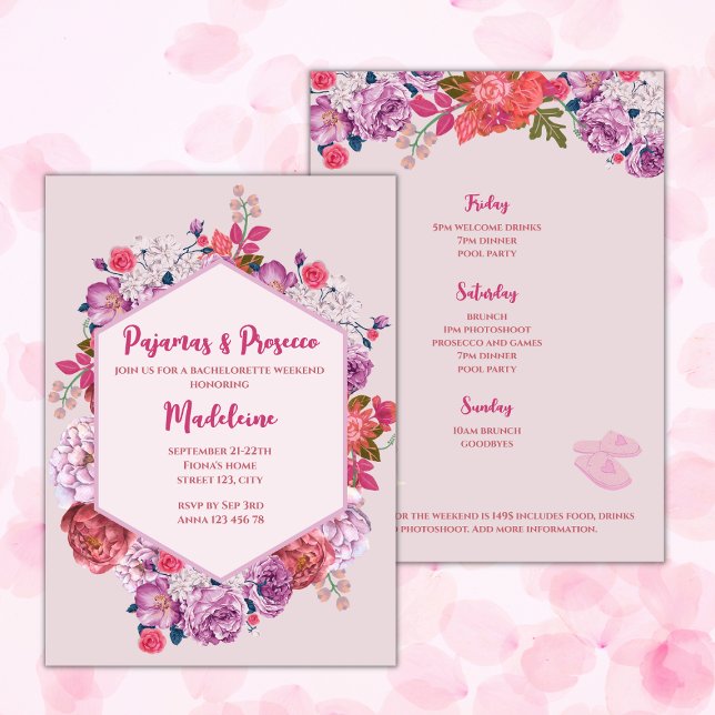 Convites Itinerário do Fim de Semana de Pijamas e Prosecco (pajamas and prosecco bachelorette party weekend invitation pink floral elegant bachelorette weekend )