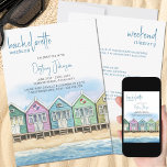Convites Itinerário do Fim de Semana do Beach Huts<br><div class="desc">Convite de Fim de Semana da Bachelorette de Praia com Itinerário. Design de aquarela com uma fileira de cabanas coloridas e pintadas de praia de madeira na areia ouro da frente do oceano, aproveitando as vistas do mar na linha de frente e o céu azul de verão. O modelo está...</div>