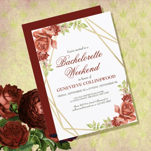 Convites Itinerário no Fim de Semana da Bachelorette Vermel (CLASSIC ELEGANT RED ROSE FLORAL BACHELORETTE WEEKEND PARTY INVITATION
)