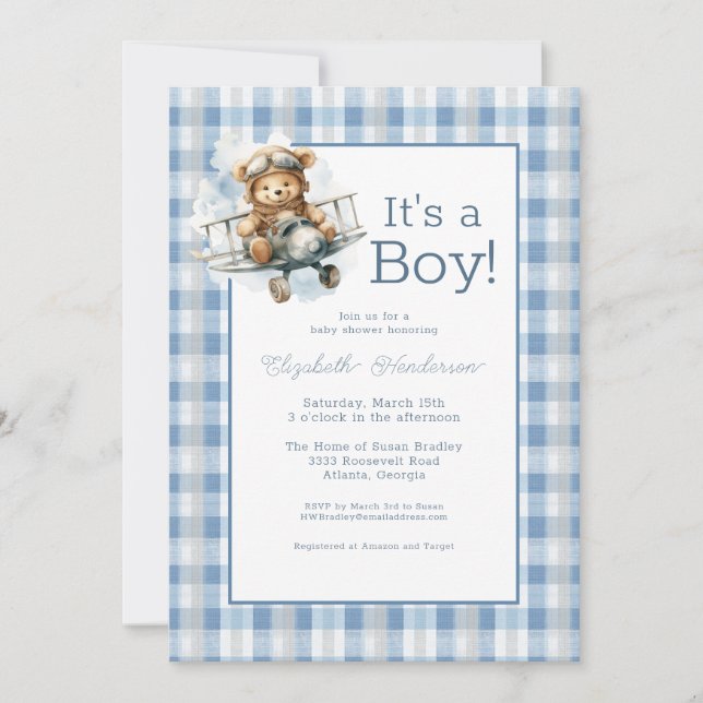 Convites It's a Boy Blue Airplane Baby Shower Invitation (Frente)