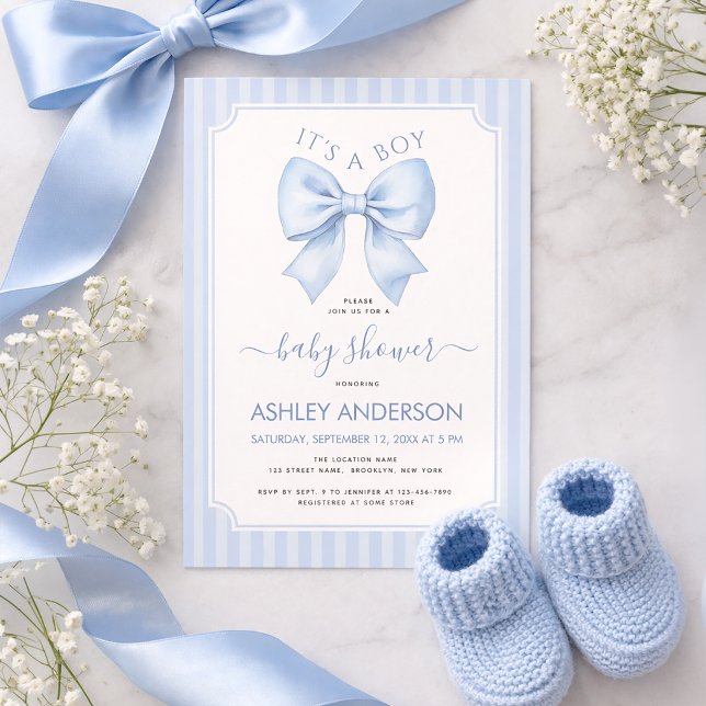 Convites It's a Boy Blue Bow and Stripes Baby Shower (Criador carregado)