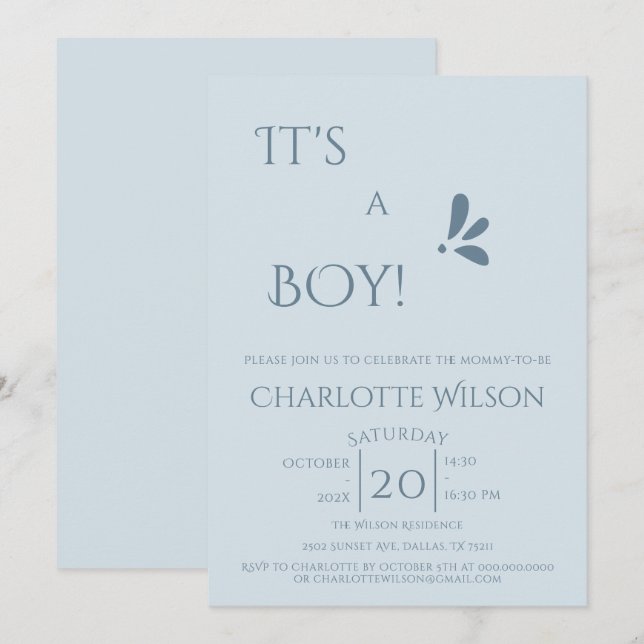 Convites It's A Boy! Minimalism Pastel Blue Baby Shower (Frente/Verso)