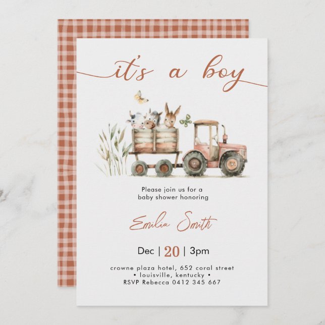 Convites  It's a Boy Tractor Baby Shower (Frente/Verso)