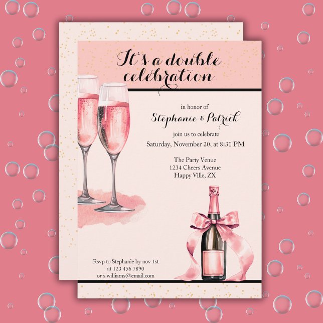 Convites It's a Double Celebration Pink Champagne Birthday (Criador carregado)