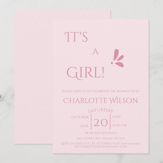 Convites It's A Girl! Minimalism Pastel Pink Baby Shower (Frente/Verso)