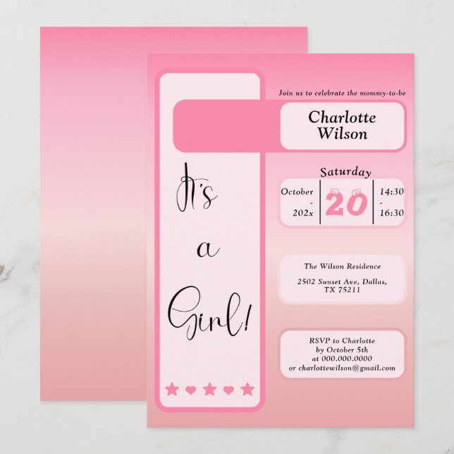 Convites It's A Girl! Pink Gradient Cute Baby Shower (Frente/Verso)