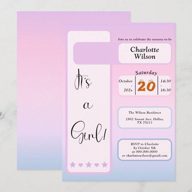 Convites It's A Girl! Purple Gradient Cute Baby Shower (Frente/Verso)