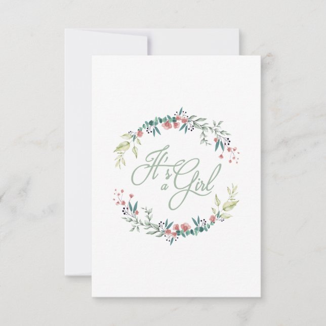 Convites It's a Girl Quote in Pink Green on Floral Wreath (Frente)