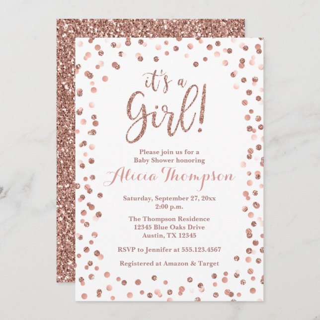 Convites It's a Girl Rose Gold Baby Shower Invitation (Frente/Verso)