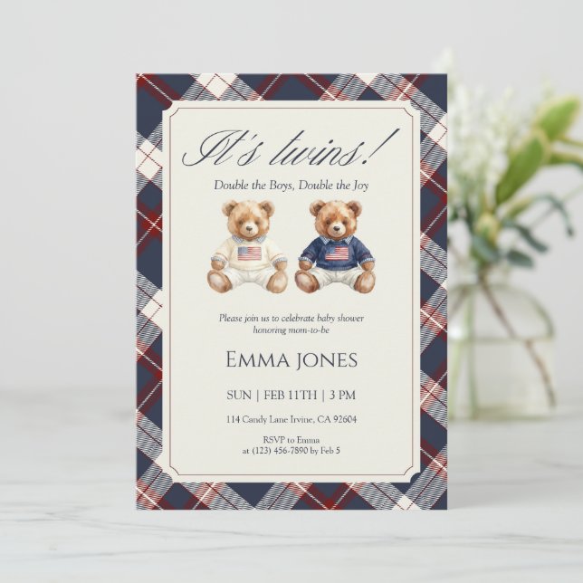 Convites Its Twins Double Plaid teddy bear Baby Shower (Em pé/Frente)