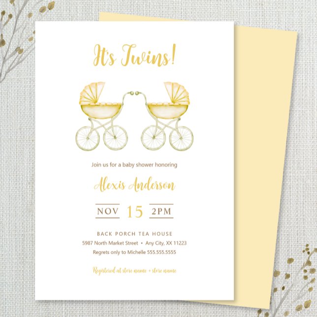 Convites It's Twins with yellow Carriages Baby Shower (Criador carregado)