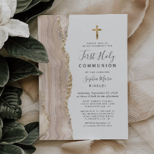 Convites Ivory Agate Dourado Glitter Primeira Comunhão Sagr
