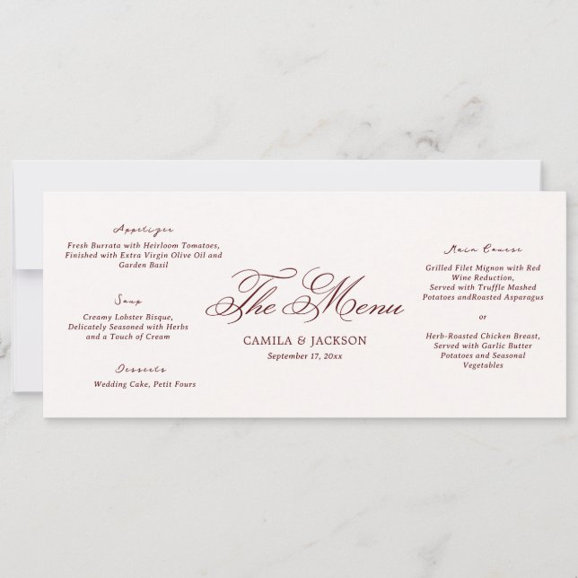 Convites Ivory and Burgundy Wedding Menu Card (Frente)