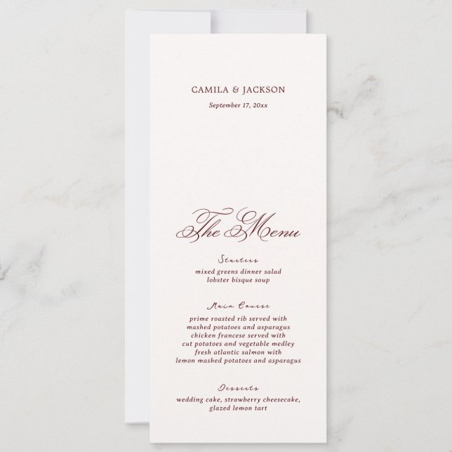Convites Ivory And Burgundy Wedding Menu Card (Frente)