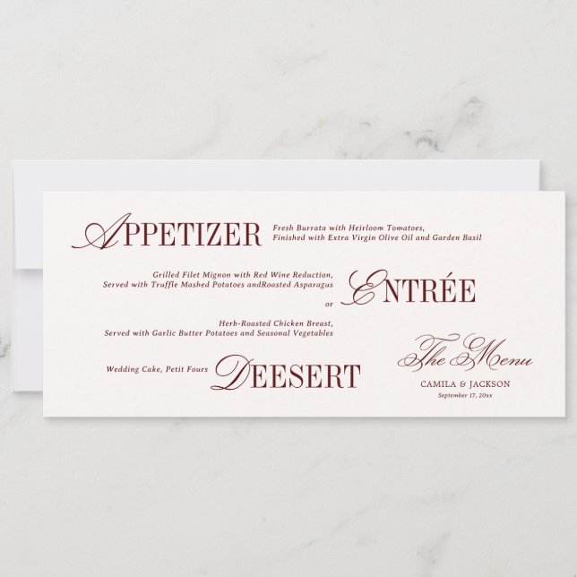 Convites Ivory and Burgundy Wedding Menu Card (Frente)
