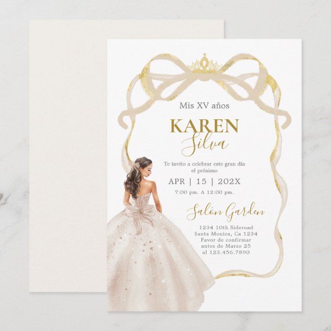 Convites Ivory and Gold Quinceanera Invitation (Frente/Verso)
