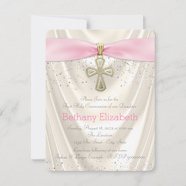 Convites Ivory and Pink Cross First Community Satin (Frente)