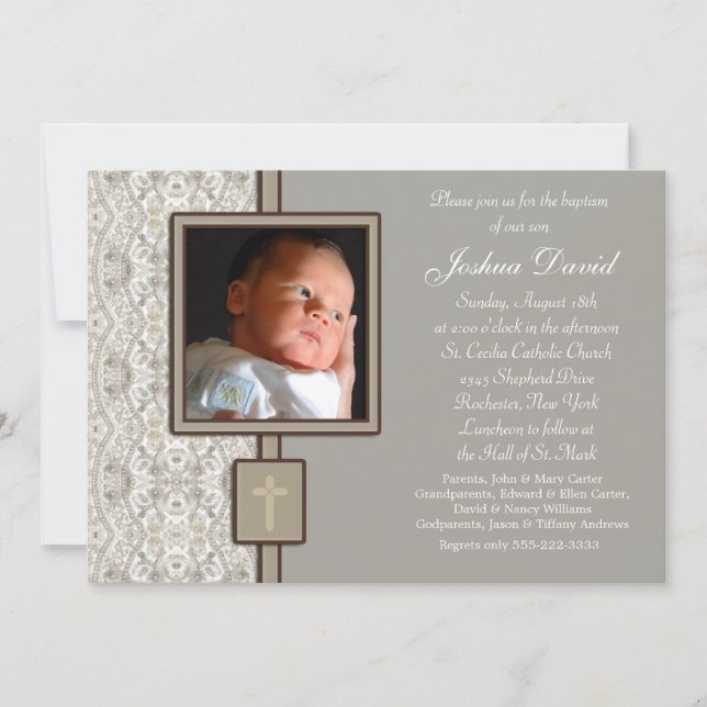 Convites Ivory Beige Boy Photo Christening (Frente)