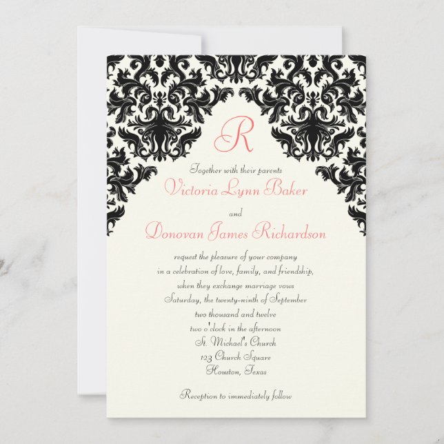 Convites Ivory, Black, Coral Damask Monogramed Conite (Frente)