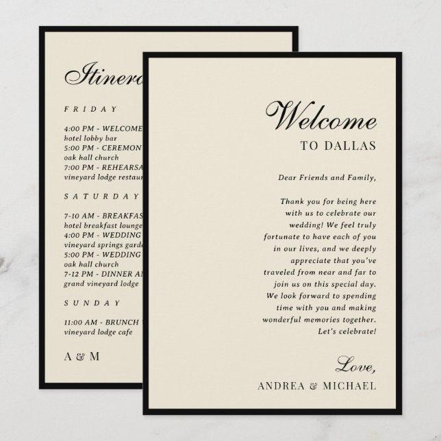 Convites Ivory & Black Old Money Wedding Itinerary Card (Frente/Verso)