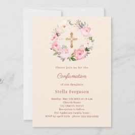 Convites Ivory blush florals cross Confirmation