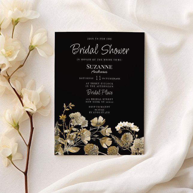 Convites Ivory brown black wildflower winter Bridal Shower (Ivory brown black wildflower winter Bridal Shower)