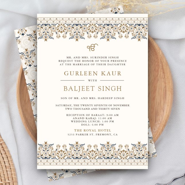 Convites Ivory Brown Ikat Anand Karaj Casamento Sikh (Criador carregado)