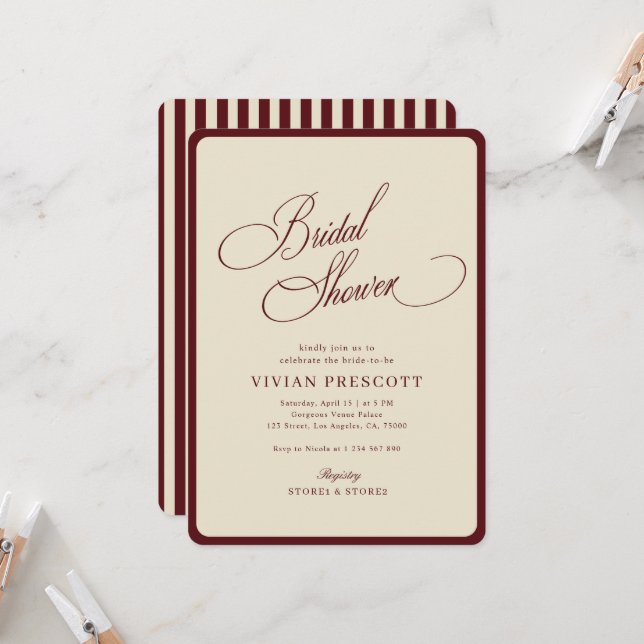 Convites Ivory Burgundy Stripes Border Retro Bridal Shower (Frente/Verso In Situ)
