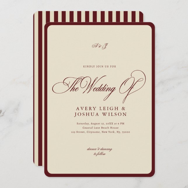 Convites Ivory & Burgundy Stripes Border Retro Wedding (Frente/Verso)