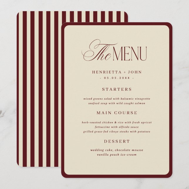 Convites Ivory Burgundy Stripes Border Wedding Menu Card (Frente/Verso)