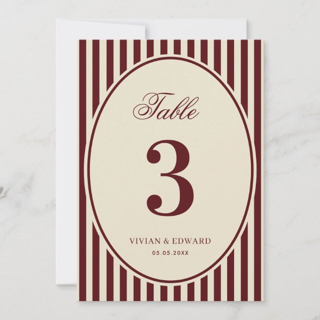 Convites Ivory Burgundy Stripes Retro Wedding Table Number (Frente)