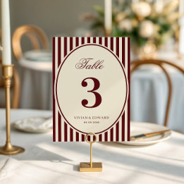 Convites Ivory Burgundy Stripes Retro Wedding Table Number