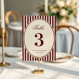 Convites Ivory Burgundy Stripes Retro Wedding Table Number