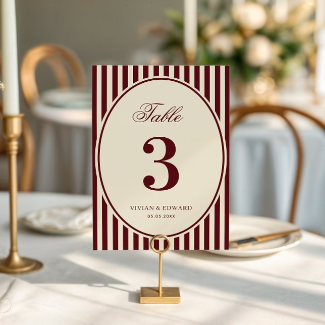 Convites Ivory Burgundy Stripes Retro Wedding Table Number (Criador carregado)
