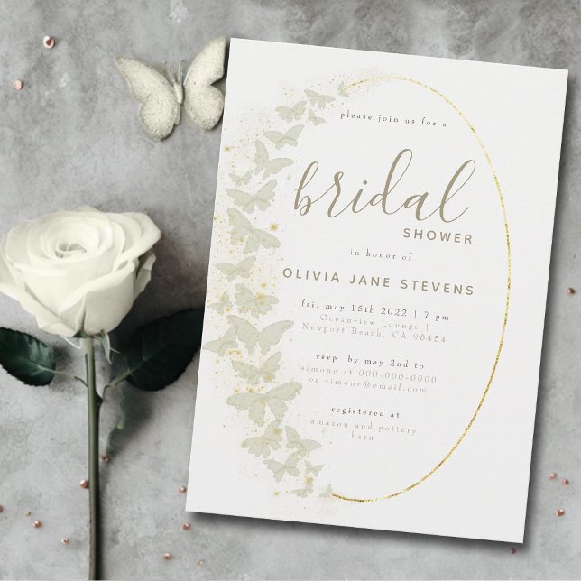 Convites Ivory Butterflies Boho Dourado Frame Chá de panela (butterfly bridal shower boho frame elegant bohemian romantic chic simple modern classy calligraphy)