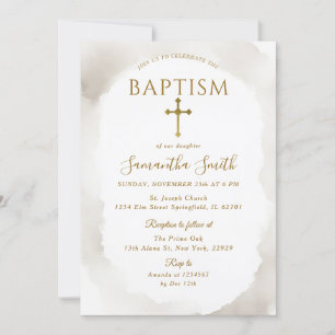Convites Ivory Christening Dourado Cross Minimalista Baptis